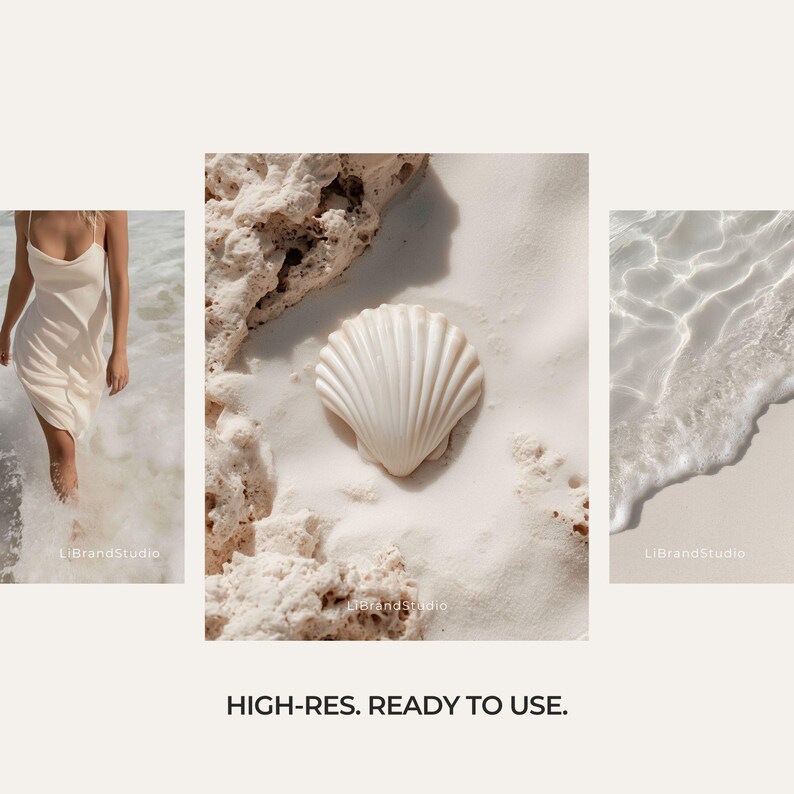 May include: A white seashell on a sandy beach with coral and ocean waves. A woman in a white dress is walking in the ocean. The text "HIGH-RES. READY TO USE." is at the bottom.