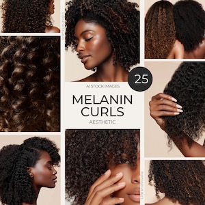 May include: A collage featuring various images of curly hair in shades of brown and black. The text "MELANIN CURLS AESTHETIC" is displayed. A number "25" is in a black circle. The images showcase different hairstyles and textures.