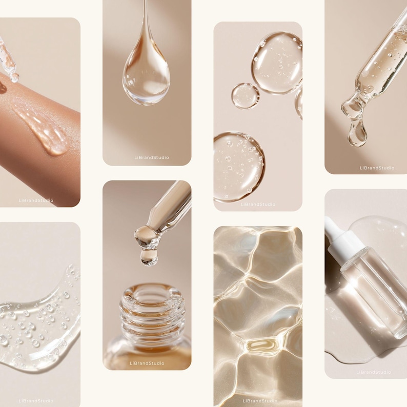 May include: A collection of images showcasing skincare products. Clear liquid droplets and serum are displayed with glass droppers and bottles. The images have a neutral, beige background, highlighting the transparent and viscous nature of the product.