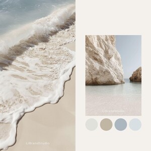 May include: A serene beach scene with a wave crashing onto the sand, and a separate image of a rock formation in the water. The color palette includes shades of white, beige, and blue. The text "LiBrandStudio" is visible.