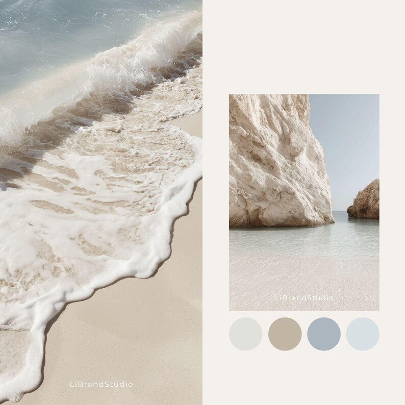 May include: A serene beach scene with a wave crashing onto the sand, and a separate image of a rock formation in the water. The color palette includes shades of white, beige, and blue. The text "LiBrandStudio" is visible.