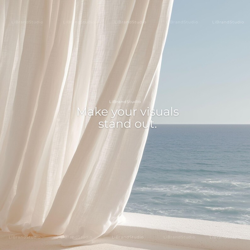 May include: A serene image featuring flowing, off-white curtains gently blowing in the breeze, with the ocean visible in the background. The text "Make your visuals stand out." is displayed on the image. The scene evokes a sense of calm and natural beauty.