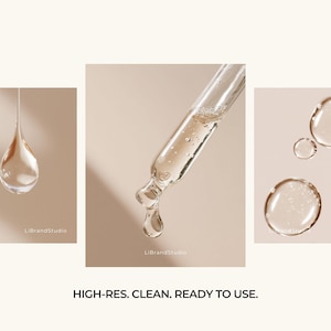 May include: Close-up of clear liquid droplets and a glass dropper. The image shows a single droplet suspended in the air, a dropper with liquid, and several droplets on a neutral background. The text "HIGH-RES. CLEAN. READY TO USE." is at the bottom.