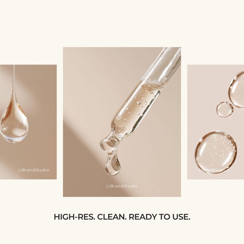 May include: Close-up of clear liquid droplets and a glass dropper. The image shows a single droplet suspended in the air, a dropper with liquid, and several droplets on a neutral background. The text "HIGH-RES. CLEAN. READY TO USE." is at the bottom.