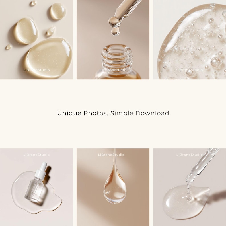 May include: A collection of close-up shots showcasing skincare products. The images feature clear glass bottles with droppers, liquid droplets, and product spills. The background is a neutral beige, highlighting the transparent liquids.