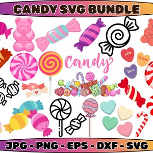 May include: A vibrant digital illustration showcasing an assortment of sweets, such as lollipops, gummy bears, wrapped candies, and heart-shaped sweets. The text "CANDY SVG BUNDLE" and "Candy" are displayed. The image also includes file type information.