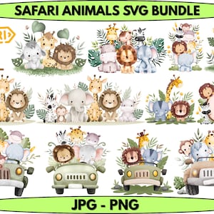 Op de afbeelding: Safari Animals SVG Bundle-afbeelding. De afbeelding toont verschillende aquarel illustraties van safari dieren, waaronder leeuwen, giraffen, olifanten en zebra's. Sommige dieren zijn in groepen gerangschikt, andere in safari jeeps. De tekst "SAFARI ANIMALS SVG BUNDLE" staat bovenaan.