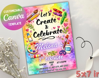 Editable Art Birthday Party Invitation, Tie Dye Arts and Crafts Painting Party Invite, Let's Paint & Celebrate, Canva Template