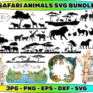 May include: A digital SVG bundle featuring safari animals, including giraffes, lions, elephants, and rhinos. The image includes silhouettes and colorful illustrations, with the text "SAFARI ANIMALS SVG BUNDLE" and file type options.