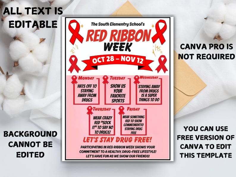 Editable Red Ribbon Week Planner: School Event Schedule (canva Template ...