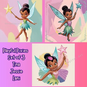 May include: A set of 3 digital art prints showcasing playful pixies named Tina, Jessie, and Lani. Each pixie has dark hair, wings, and a wand. The pixies wear green and pink outfits. The background is a mix of pastel colours.