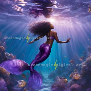 May include: Digital artwork depicting a mermaid swimming underwater. The mermaid has dark skin, long curly hair, and a purple scaled tail. She wears a purple top and is surrounded by fish and coral in shades of purple and blue.