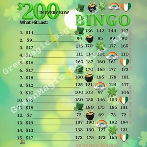 May include: A green and white Bingo game board with St. Patrick's Day themed graphics. The board features the word "Bingo" in large green letters, along with shamrocks, pots of gold, and rainbows. The text "$200 in every row" is also visible.