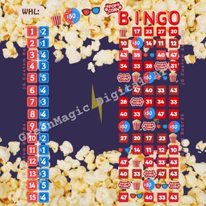 Könnte beinhalten: Ein Bingo-Spielbrett mit Popcorn- und Filmthema. Das Brett zeigt rote und blaue Quadrate mit Zahlen, Popcorn-Grafiken und dem Wort "BINGO" in Rot. Der Hintergrund ist dunkelblau mit Popcorn.