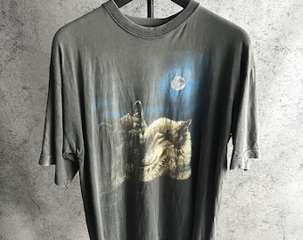 Maglietta vintage anni '90 con stampa lupo, una cucitura rara, t-shirt sbiadita