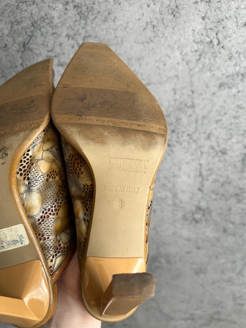 Vintage Leather Mules Floral Tooled Slip On Heels Shoes image 9