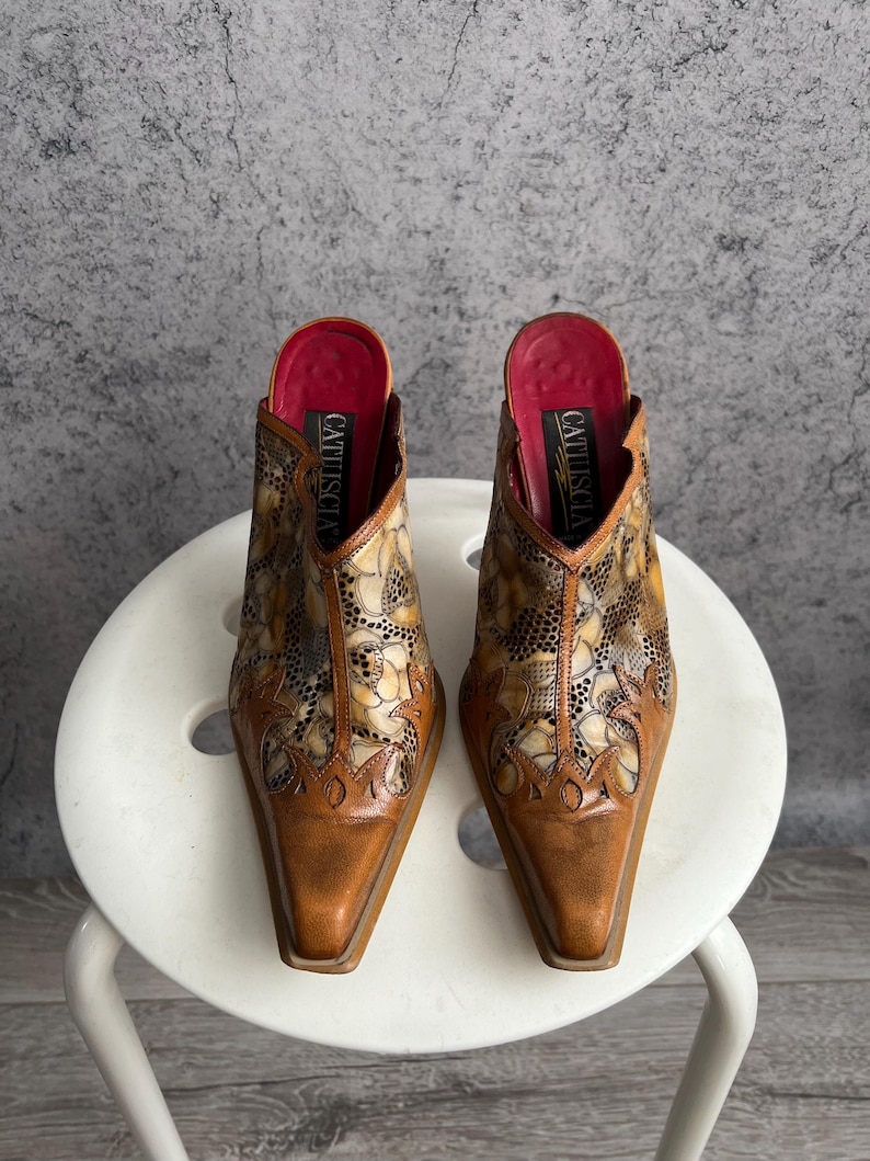 Vintage Leather Mules Floral Tooled Slip On Heels Shoes image 7