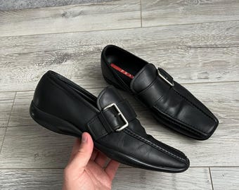 Prada Black Leather Driving Loafers Buckle Strap Shoes