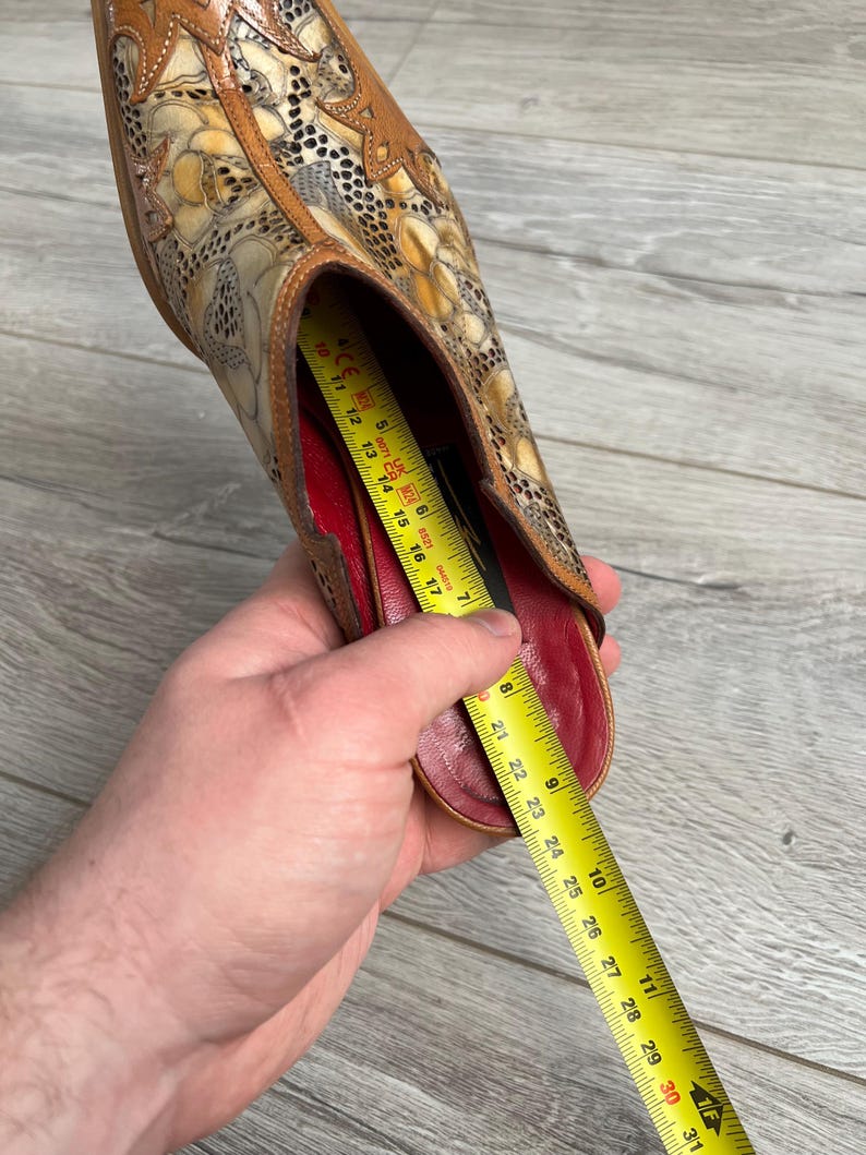 Vintage Leather Mules Floral Tooled Slip On Heels Shoes image 11