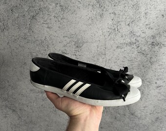 Vintage Adidas 2010 Sleek Series Ballet Flats Black White Slip On Shoes Leather Y2K