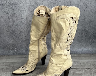 Botas vaqueras vintage de tacón, zapatos de cuero estilo Y2K, talla EUR38 para mujer.