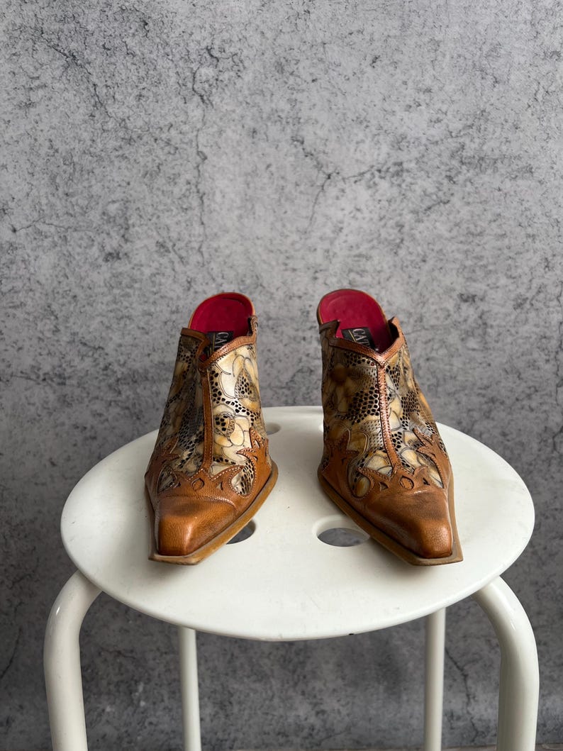Vintage Leather Mules Floral Tooled Slip On Heels Shoes image 5