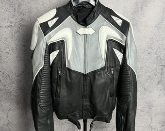 Giacca in pelle da moto vintage in stile Suzuki con grande logo e cerniera intera