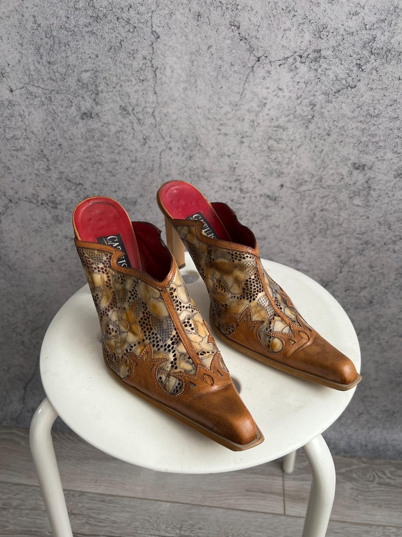 Vintage Leather Mules Floral Tooled Slip On Heels Shoes image 6