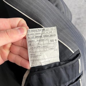 May include: A dark gray pinstriped blazer with a white interior lining and a white fabric care label featuring various alphanumeric codes, including 58% wool and 42% silk, with a 100% rayon viscose lining, visible inside the garment pocket area.