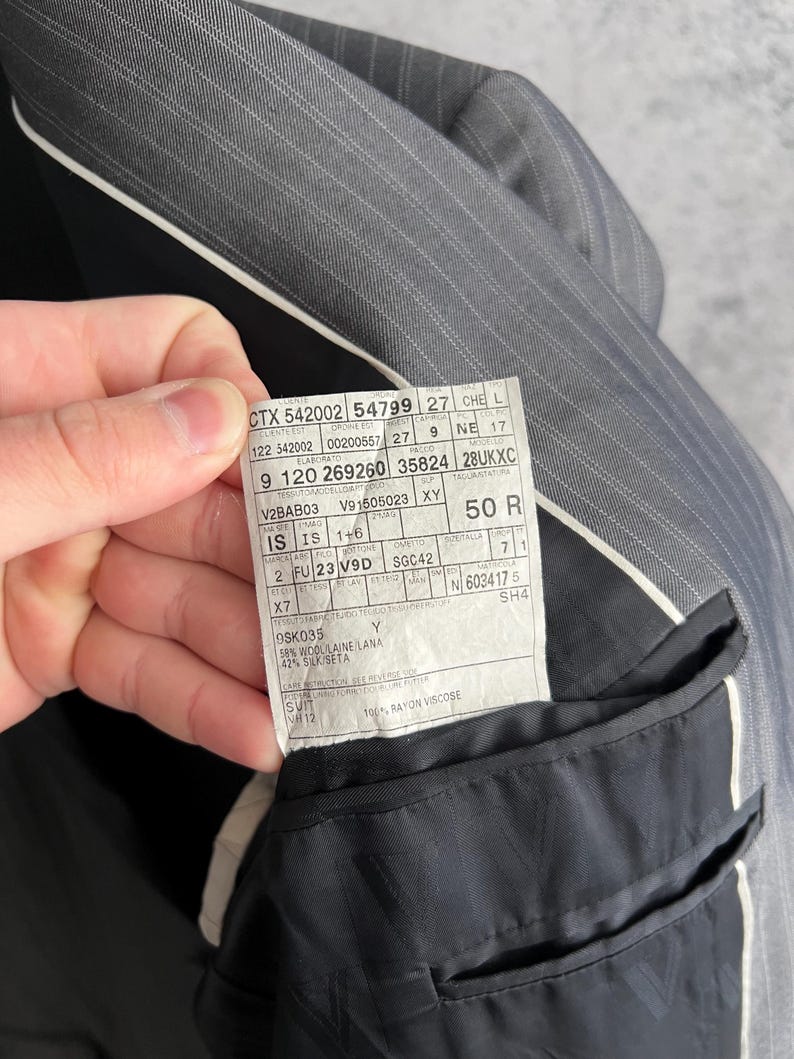 May include: A dark gray pinstriped blazer with a white interior lining and a white fabric care label featuring various alphanumeric codes, including 58% wool and 42% silk, with a 100% rayon viscose lining, visible inside the garment pocket area.