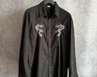 Vintage Japanischen Stil Herren Hemd Langarm Schwarz Gestickter Drache Größe L-XL