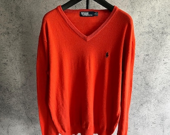 Suéter vintage Polo Ralph Lauren de tricô com decote em V, laranja, modelo casual, tamanho G.