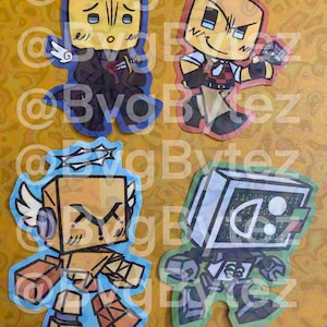 May include: Four die-cut stickers featuring stylized block-headed characters. One holds a sword, another a small black box labeled F3X, one has a halo and wings, and the fourth is a robot with a digital screen displaying binary code and a smiley face.