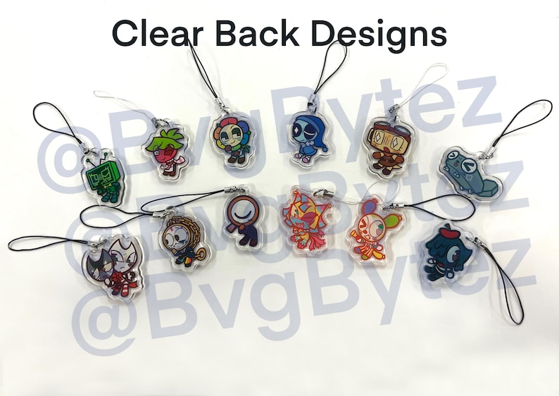 May include: Clear acrylic charms with various cartoon character designs. Each charm features a unique character with vibrant colors and attached with a black string. The charms are suitable for use as keychains or decorative accessories.