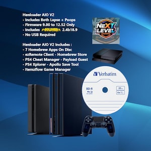 May include: A promotional image for Henloader AIO V2, featuring a black PlayStation 4 console, a blue controller, and a Verbatim BD-R disc. Text includes features and the "Next Level Gaming" logo.
