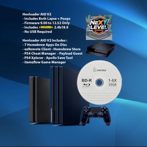 May include: A promotional image for a gaming product. It features a black game console, a disc labeled "smartbuy BD-R 1-6X 25GB", a controller, and text listing features like "Henloader AIO V2" and "7 Homebrew Apps On Disc". A "Next Level Gaming" logo is also present.