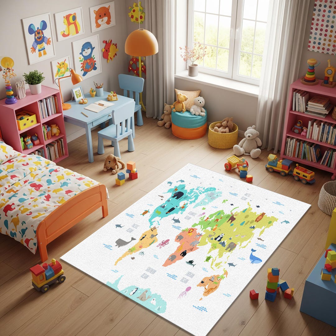 Cartoon Map Rug, World Rug, Floor Rug, Game Room Rug, Doormat, Kids ...