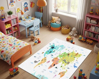 May include: A child's bedroom with a colorful world map rug, a light blue desk and chairs, and a pink bookshelf. The room is decorated with animal artwork and toys, creating a playful and educational space.