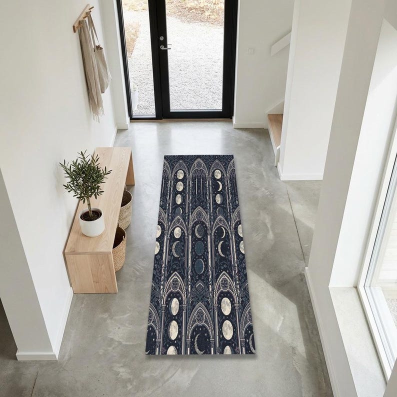 Moon Patterned Rugs Gothic Moon Phase Arch Hallway Runner Rug |dark Academia Cathedral ...