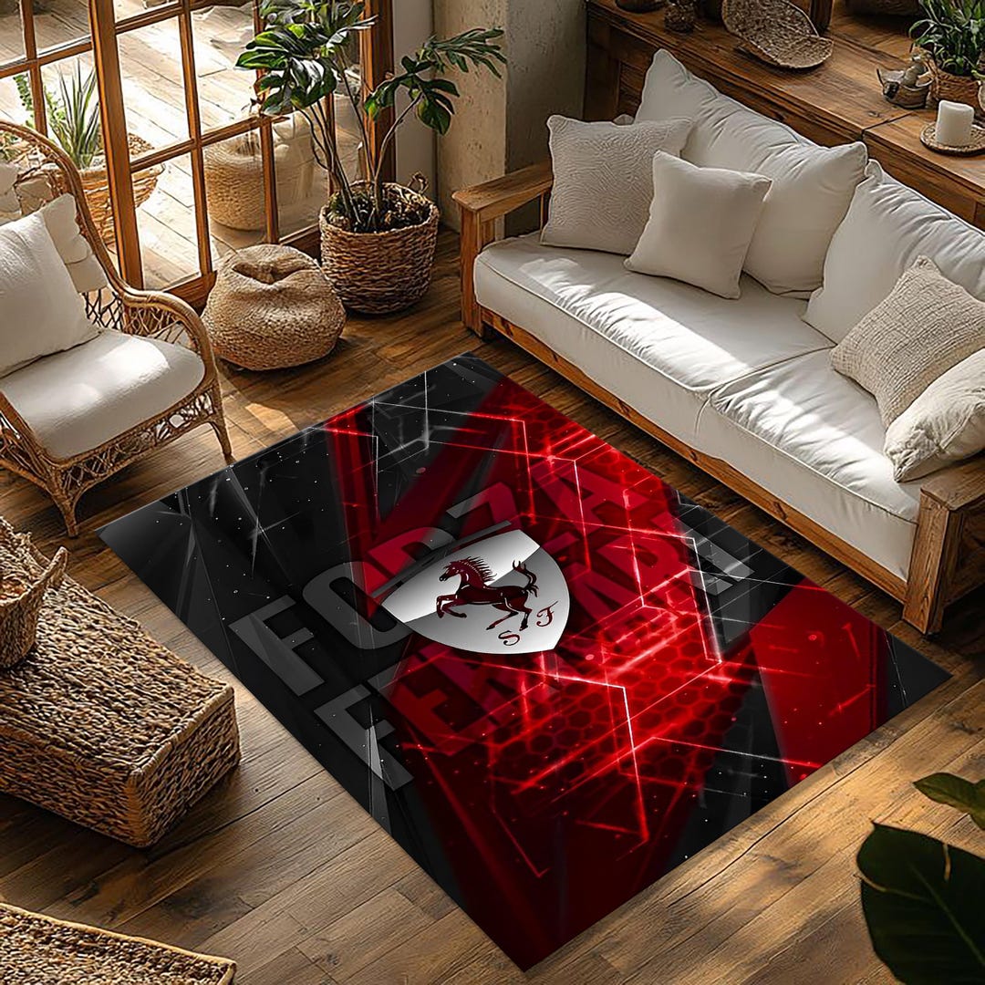 Ferrari Logo Racing Rug | F1 Fan Man Cave Decor | Red Black Cyberpunk ...