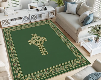 Christian Prayer Rug, Christian Prayer Mat, Cross Symbol Prayer Rug, Elegant Christian Prayer Rug, Catholic Prayer Rug, Green Cross Sign Rug