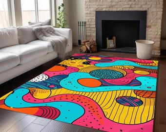 Colorful Abstract Art rug, Bohemian Rug, Boho Chic Living Room Carpet, Organic shapes Rug, Modern illustration Rug, Pop Art Rug, Pointillism