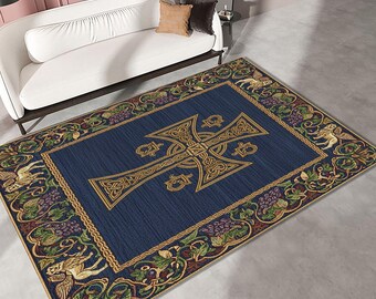 Christian Prayer Rug, Christian Prayer Mat, Cross Symbol Prayer Rug, Elegant Christian Prayer Rug, Catholic Prayer Rug, Green Cross Sign Rug