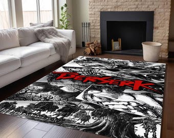 May include: A rectangular area rug featuring a black and white manga-style illustration with the red word "BERSERK". The rug depicts various panels of a comic book, with detailed drawings of characters and scenes. The rug is placed on a hardwood floor.