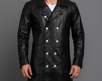 ヴィンテージミリタリースタイルのフェイクレザートレンチコート