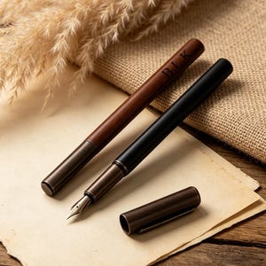 May include: Two fountain pens, one dark brown and one black, rest on a piece of aged paper. The brown pen has the letters "BLK" engraved on it. A pen cap sits open beside the black pen. The pens are set against a backdrop of dried plants and burlap.