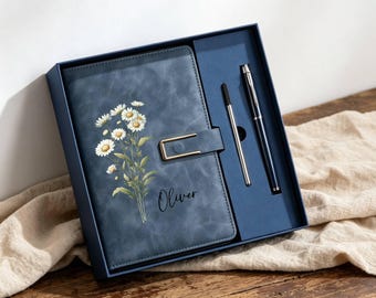 Personalized Birth Month Flower Notebook & Pen Set, Custom Name Leather Journal, Wildflower daisy Journal Gift, Birthday Graduation Gift