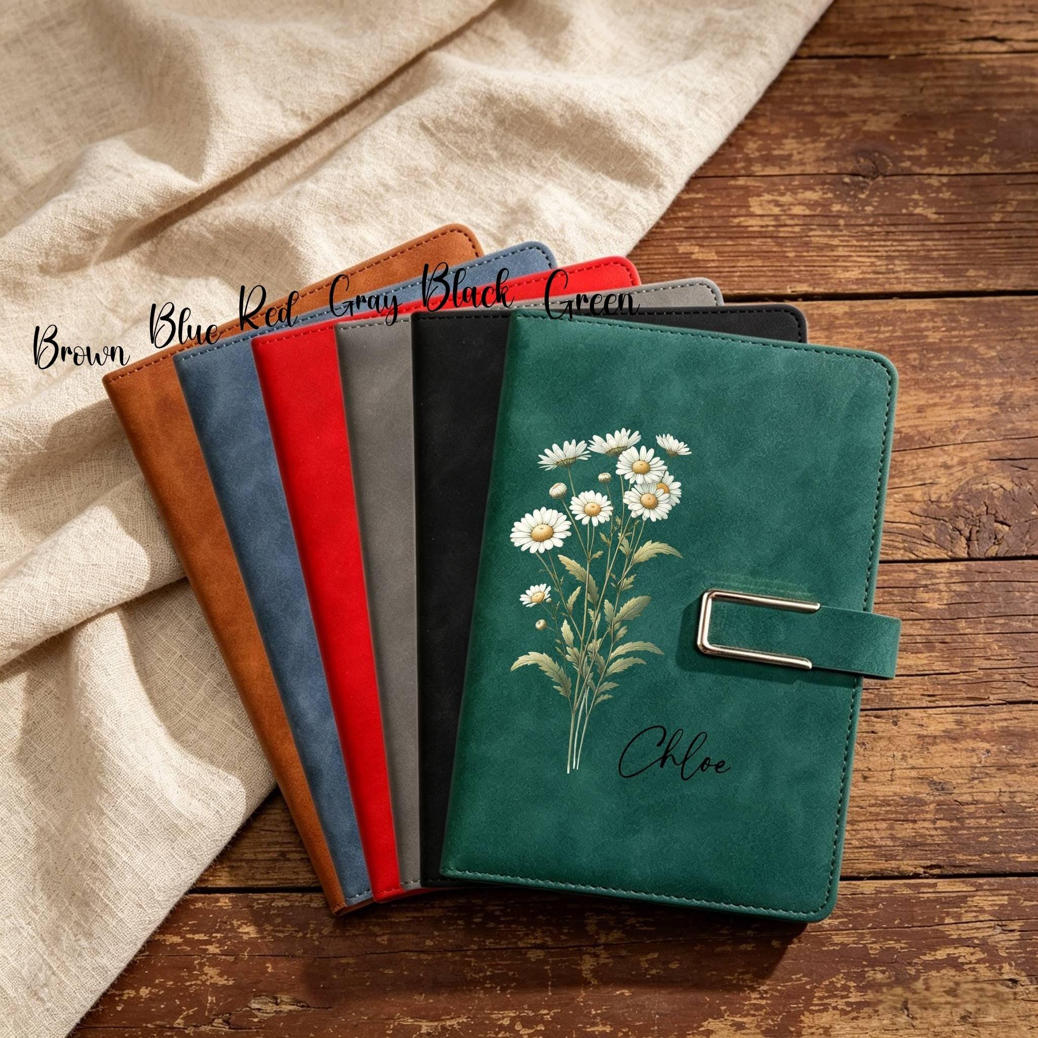 Personalized Birth Month Flower Notebook & Pen Set, Custom Name Leather ...