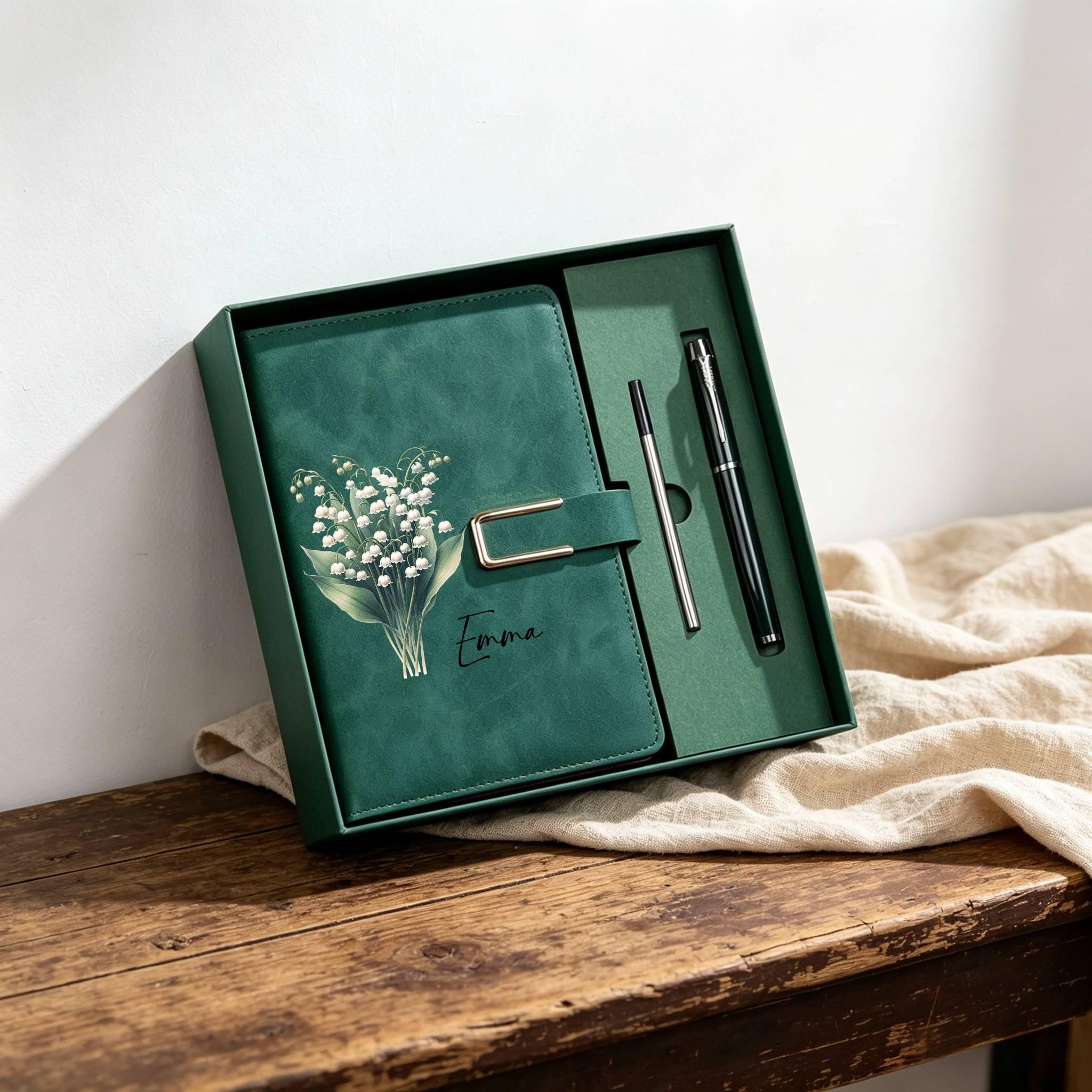 Personalized Birth Month Flower Notebook & Pen Set, Custom Name Leather ...