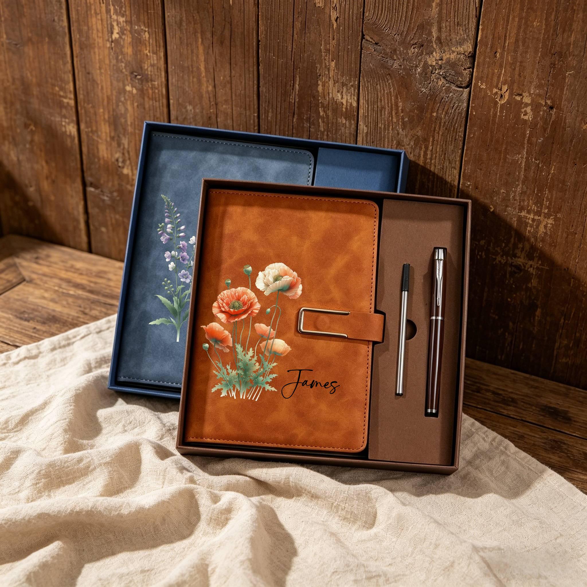 Personalized Birth Month Flower Notebook & Pen Set, Custom Name Leather ...